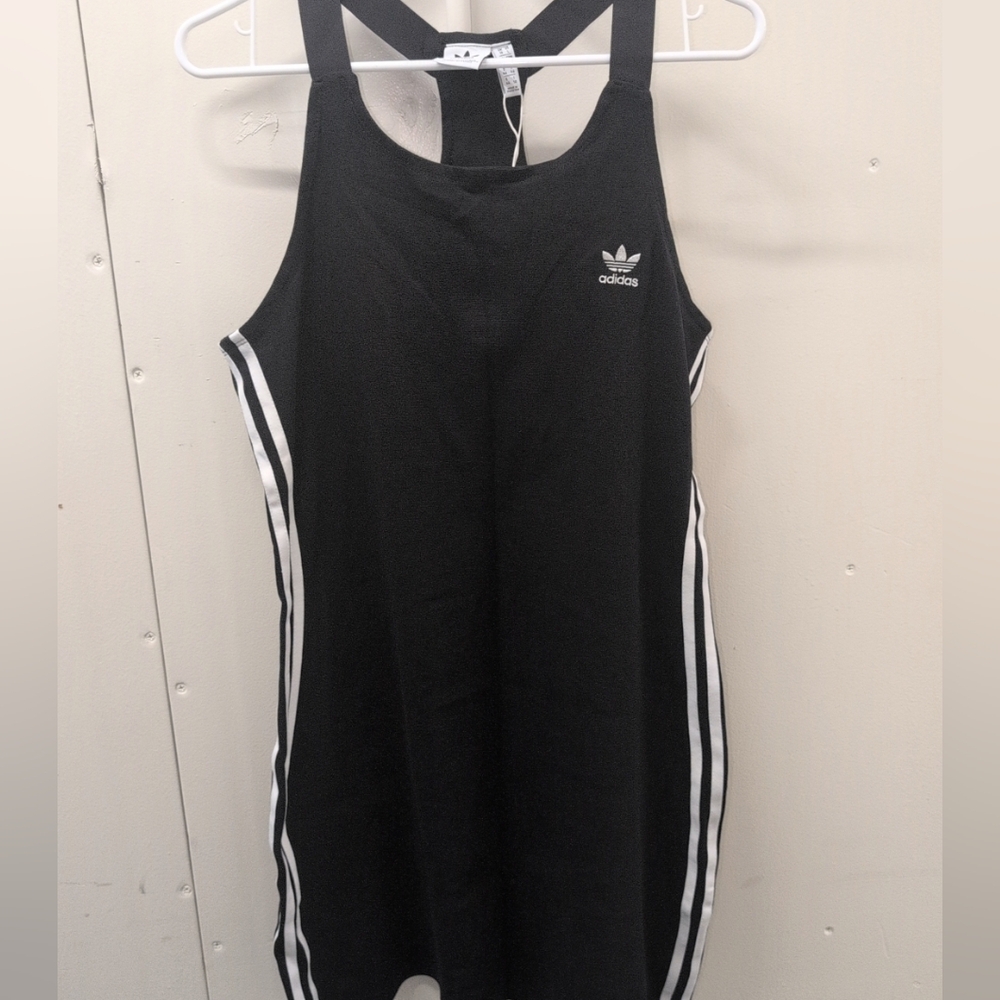adidas Black & White Backless Tank Dress with Side Stripes